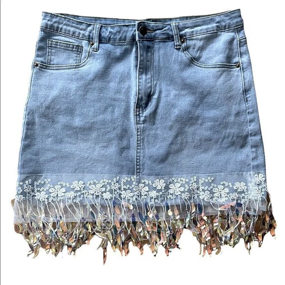 SHEIN denim skirt with embroidered trim and iridescent accents, size L. - Picture 1 of 4